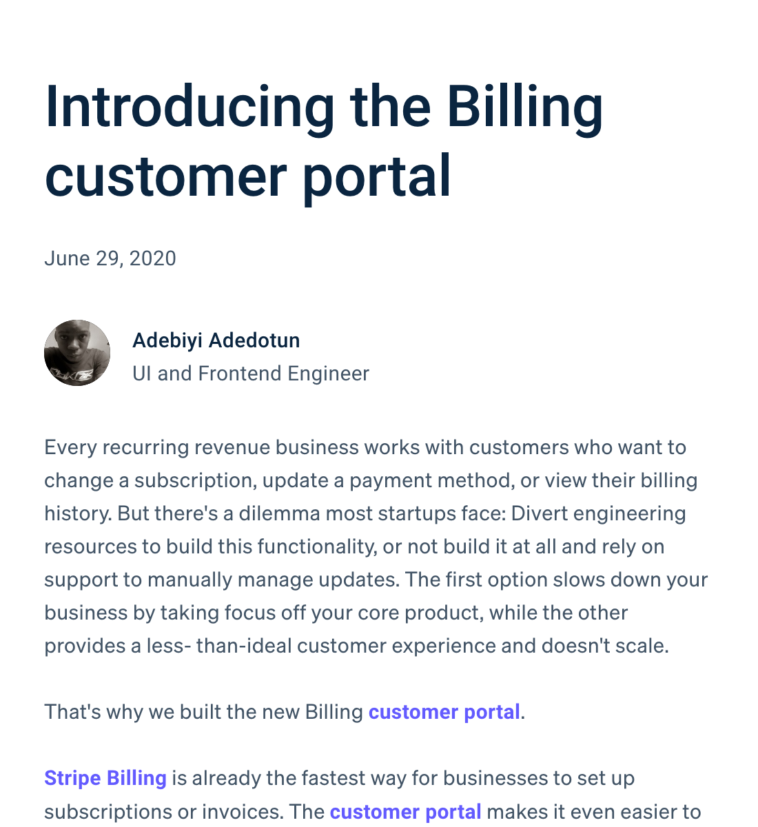Stripe blog post: Billing customer portal